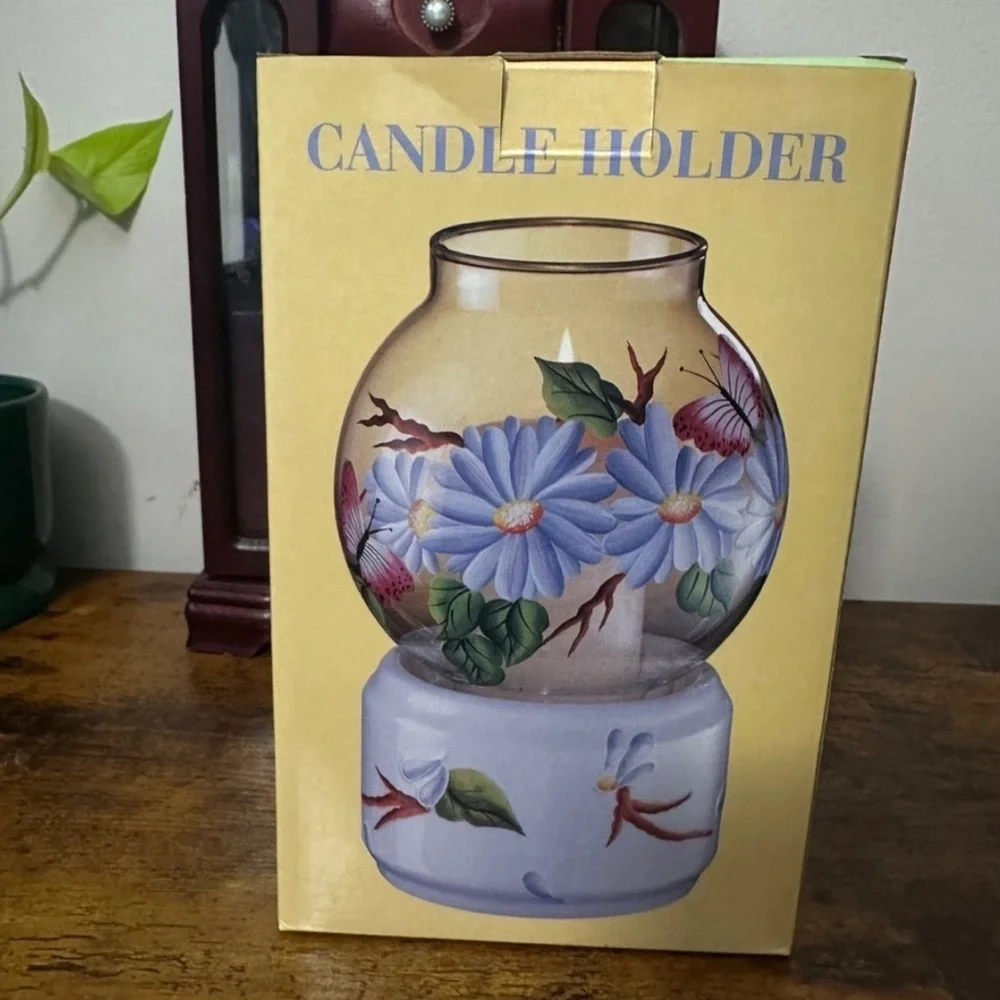 VtgHand Painted Floral Glass Globe Tea Light Candle Holder Lantern Set Butterfly